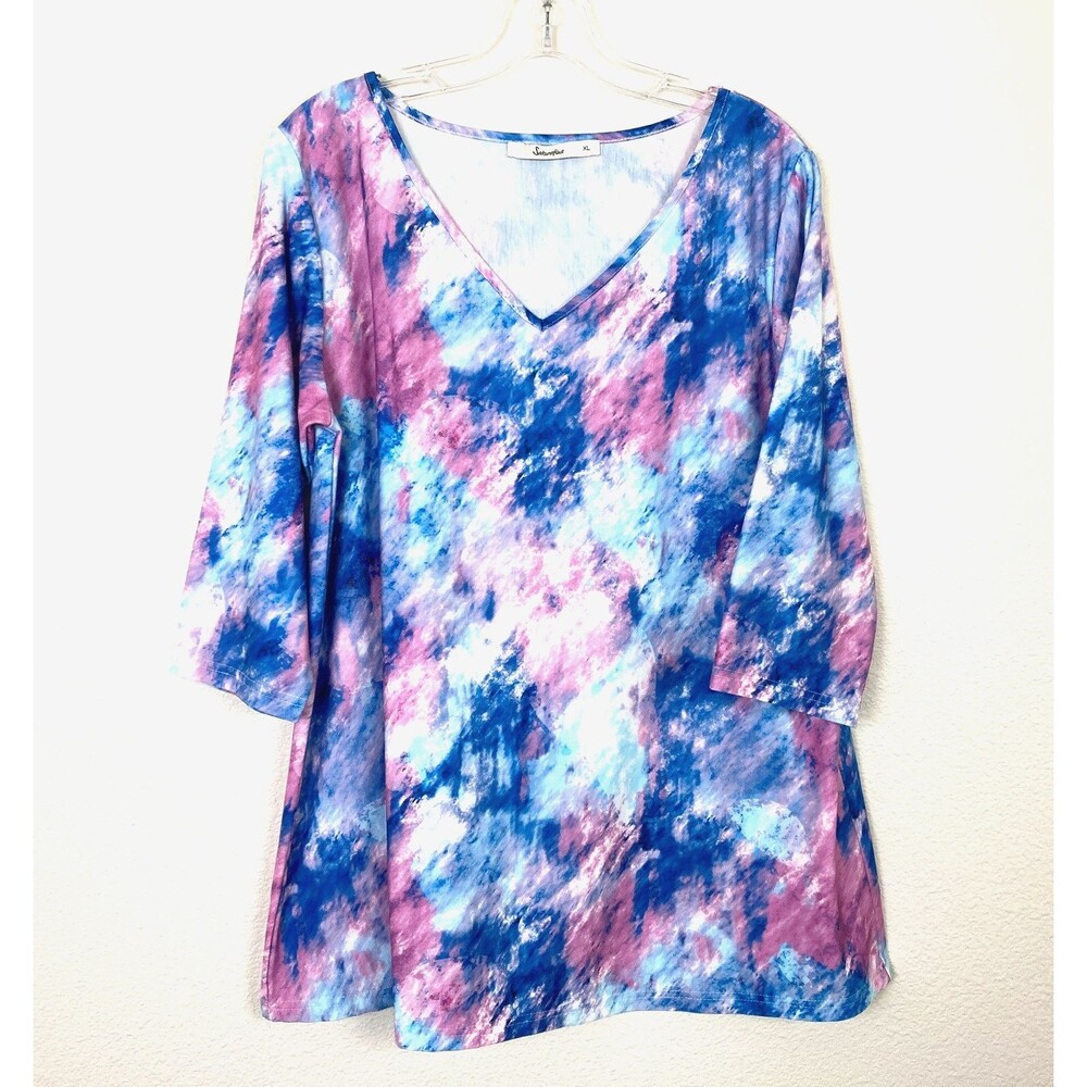 Sakurafina V-Neck Tunic Top Size XL Pink Blue Pastel Tie Dye Stretch 3/4 Sleeves